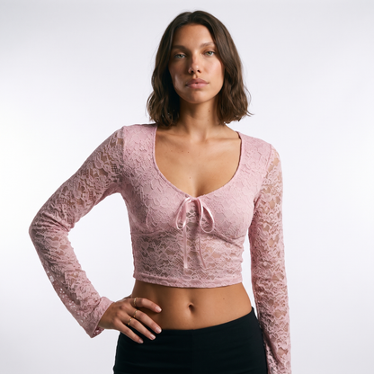 Sunoire y2k lace t shirts long sleeved sexy t shirt women s top short tee shirt colorway pink front crop 01