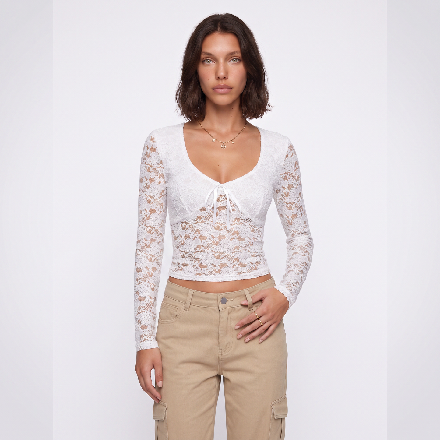 Sunoire y2k lace t shirts long sleeved sexy t shirt women s top short tee shirt colorway white front crop 01