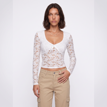 Sunoire y2k lace t shirts long sleeved sexy t shirt women s top short tee shirt colorway white front crop 01