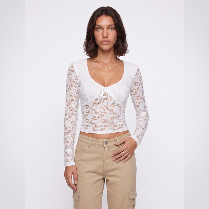 Lace Cut-Out V-Neck Shirt – Wine Cocktail Party — White