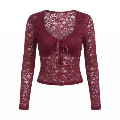 Sunoire y2k lace t shirts long sleeved sexy t shirt women s top short tee shirt garment flatlay 01
