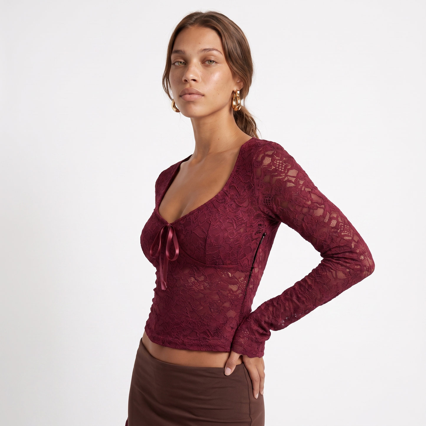 Sunoire y2k lace t shirts long sleeved sexy t shirt women s top short tee shirt top crop 3q 01