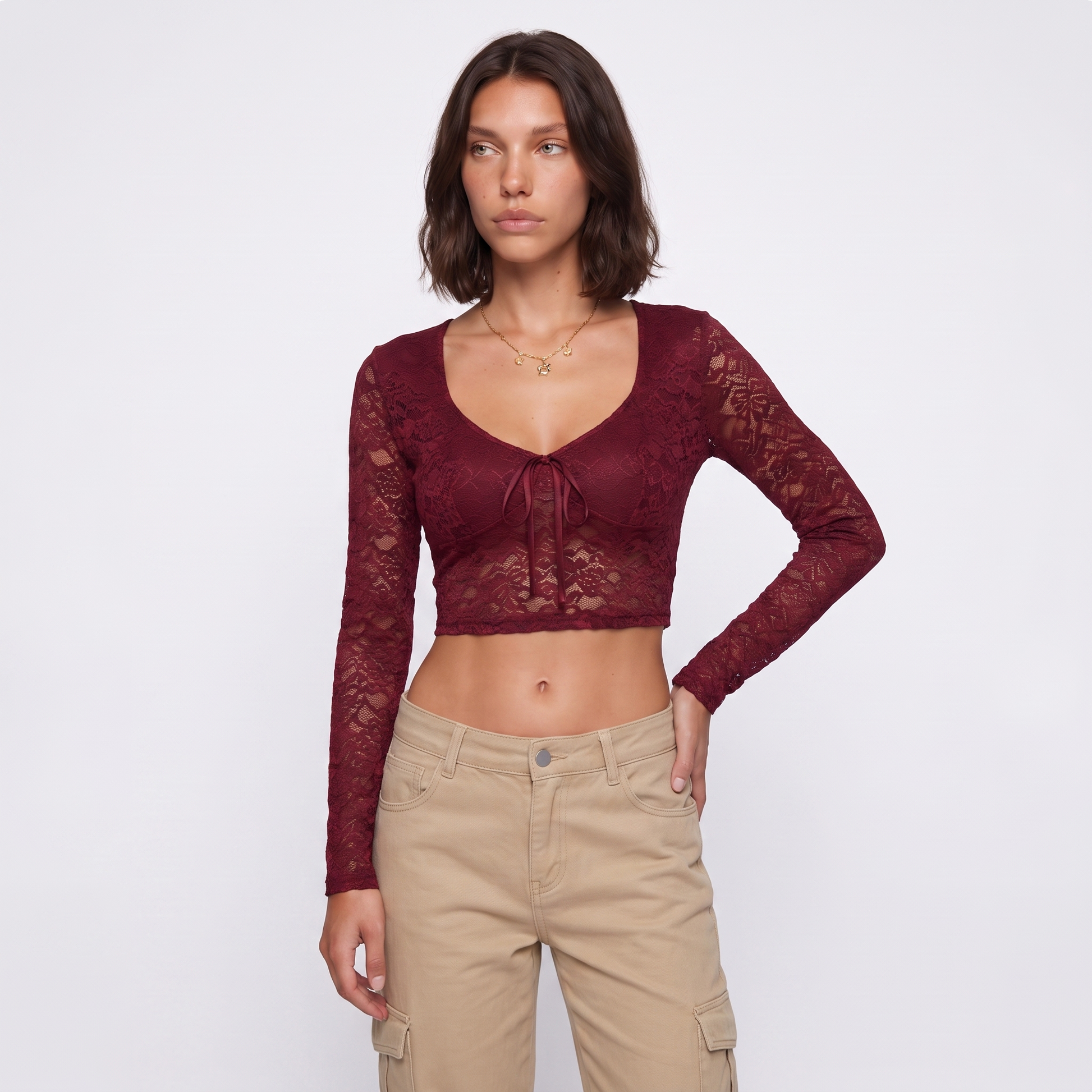 Sunoire y2k lace t shirts long sleeved sexy t shirt women s top short tee shirt top front crop 01