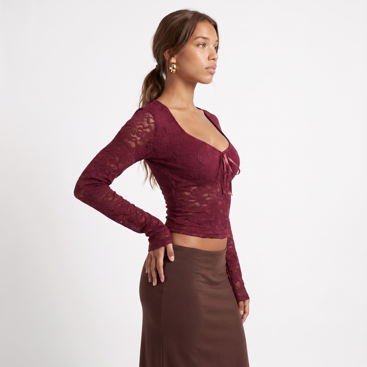 Sunoire y2k lace t shirts long sleeved sexy t shirt women s top short tee shirt top side crop 01