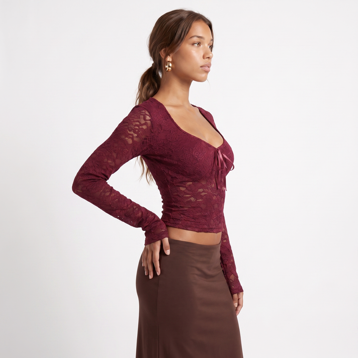 Sunoire y2k lace t shirts long sleeved sexy t shirt women s top short tee shirt top side crop 01