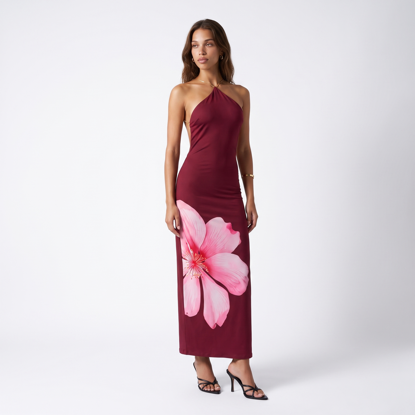 Sunoire yl26052 new sexy backless slim fit high waist long dress halter neck fashion printed front hero 01