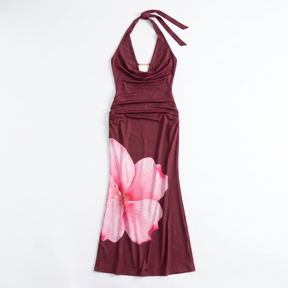 Sunoire yl26052 new sexy backless slim fit high waist long dress halter neck fashion printed garment flatlay 01