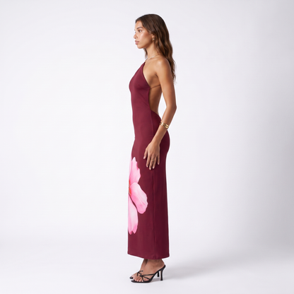 Sunoire yl26052 new sexy backless slim fit high waist long dress halter neck fashion printed side view 01