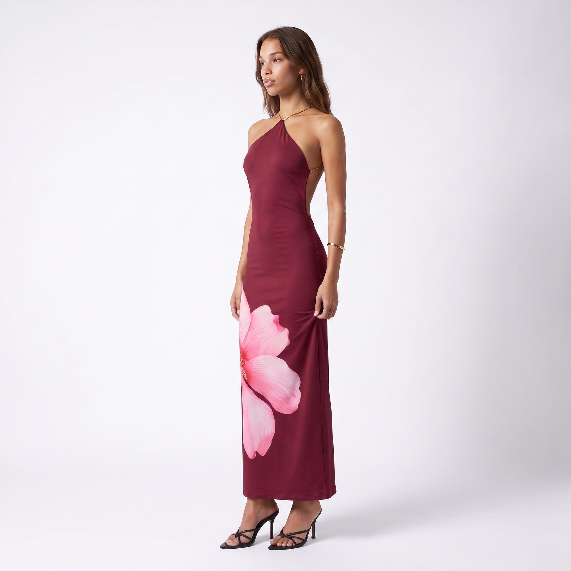 Sunoire yl26052 new sexy backless slim fit high waist long dress halter neck fashion printed three quarter 01