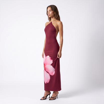 Sunoire yl26052 new sexy backless slim fit high waist long dress halter neck fashion printed three quarter 01
