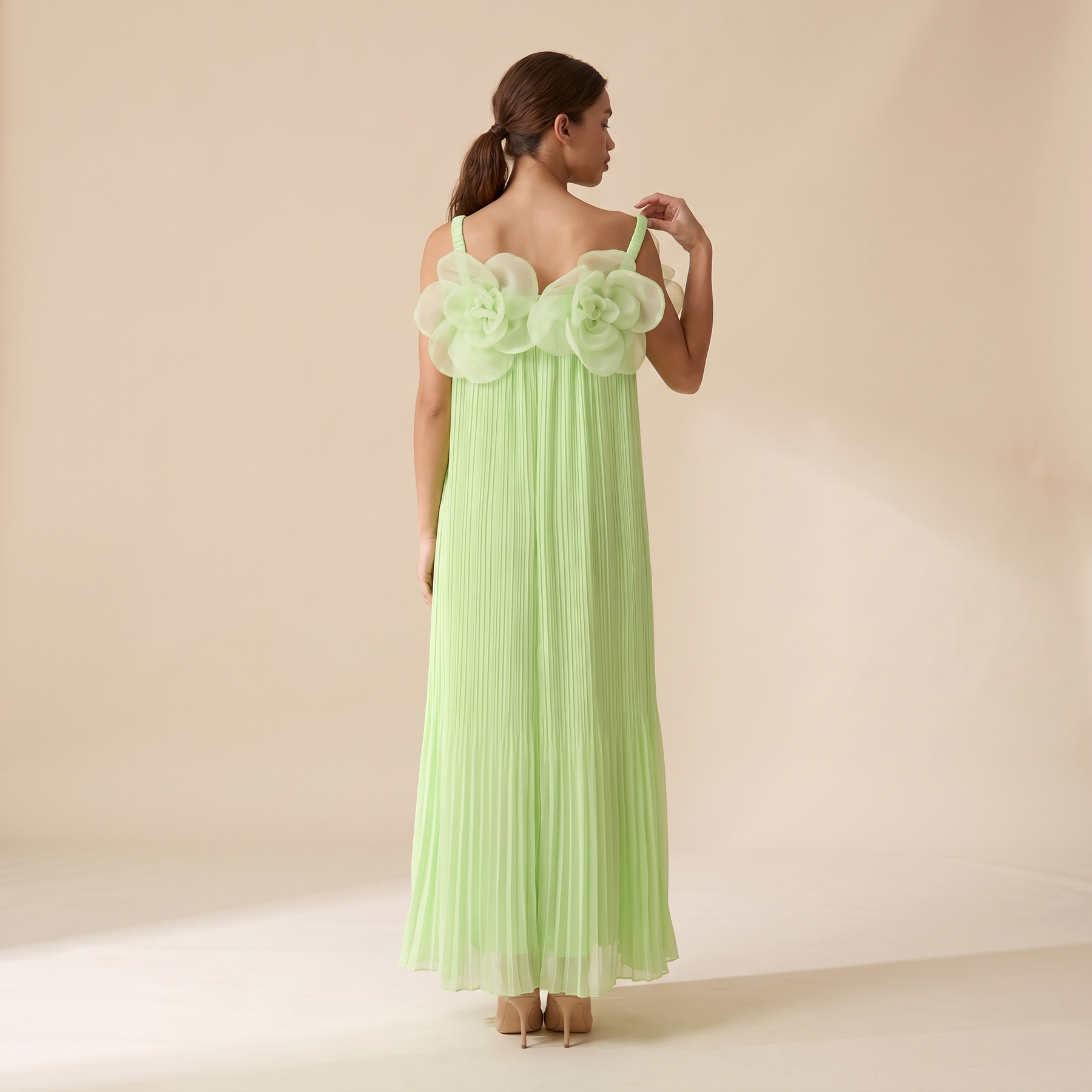 Sunoire your only darling green floral applique off shoulder maxi dress back view 01