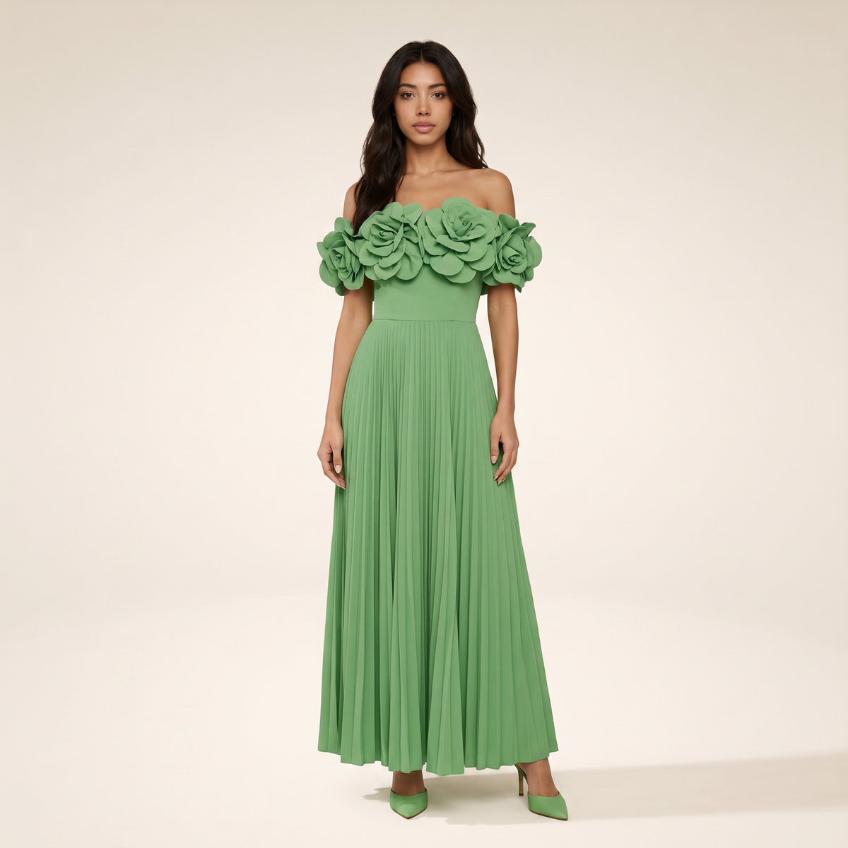 Sunoire your only darling green floral applique off shoulder maxi dress front hero 01