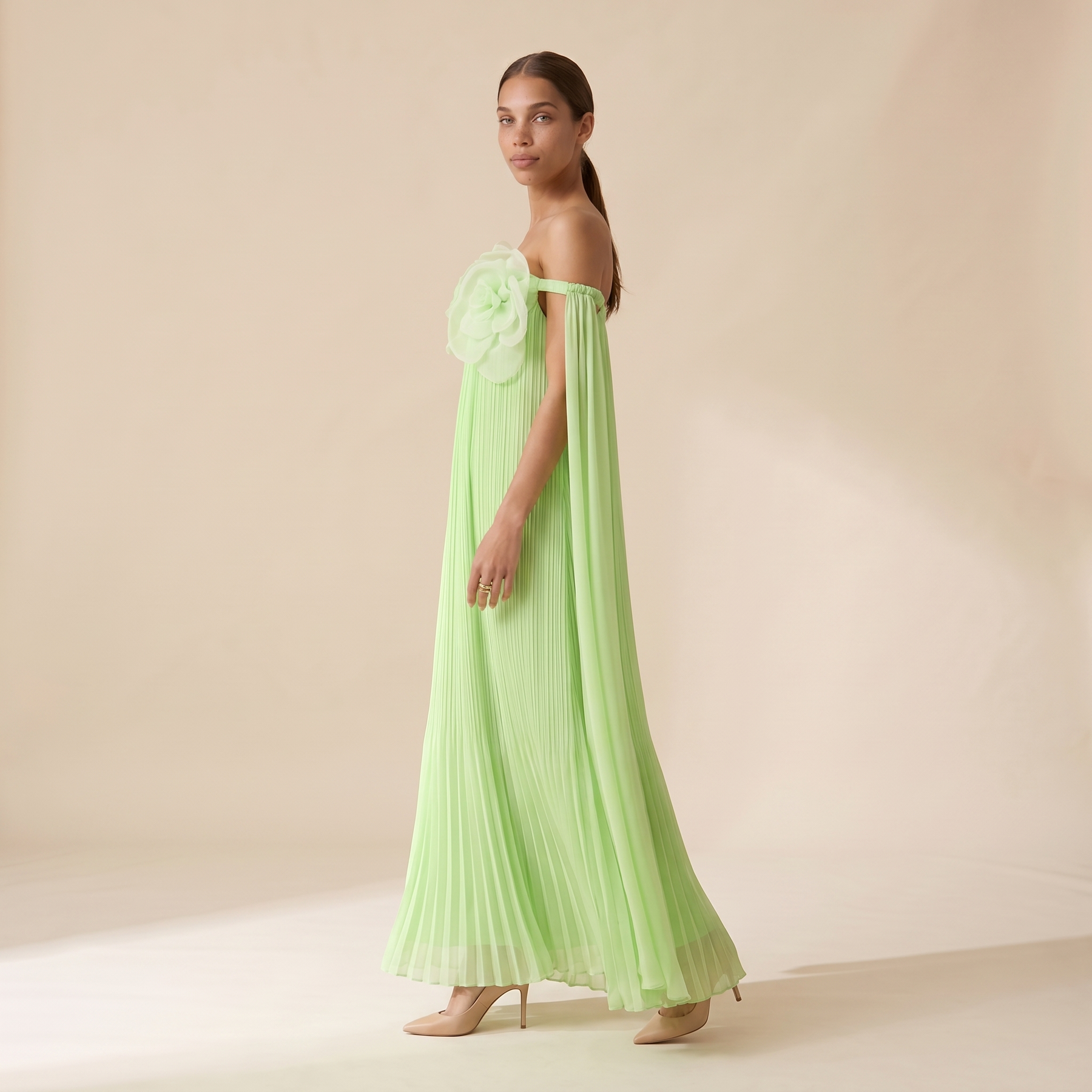 Sunoire your only darling green floral applique off shoulder maxi dress side view 01