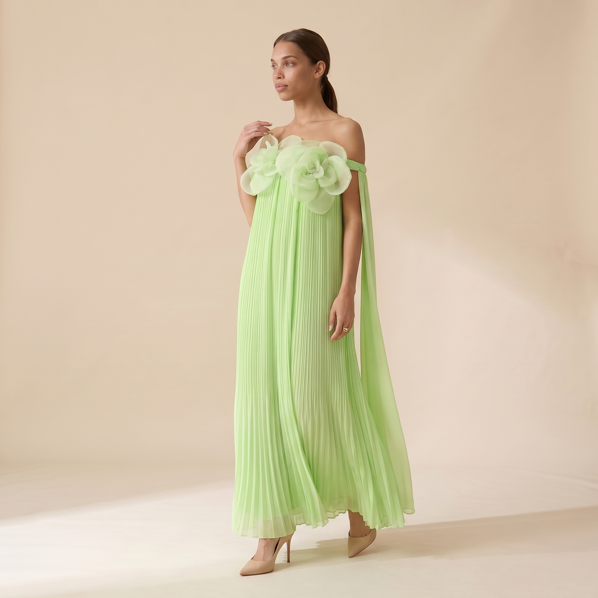 Sunoire your only darling green floral applique off shoulder maxi dress three quarter 01