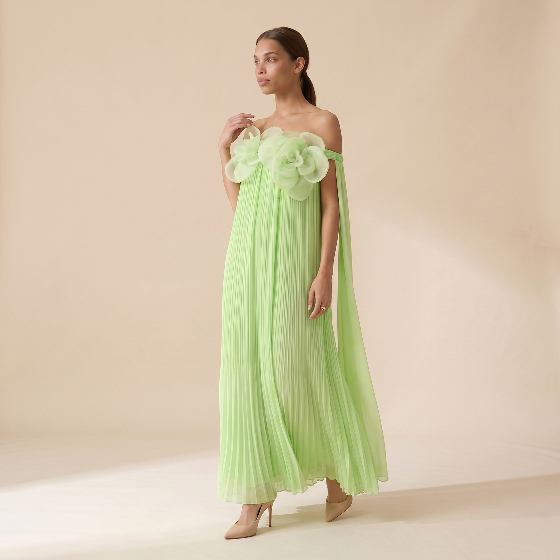 Sunoire your only darling green floral applique off shoulder maxi dress three quarter 01
