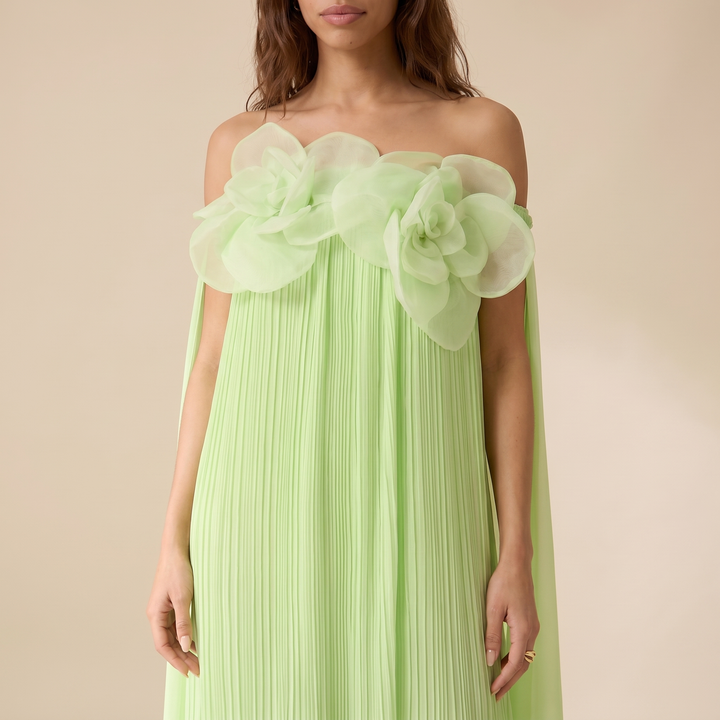 Sunoire your only darling green floral applique off shoulder maxi dress worn detail 01