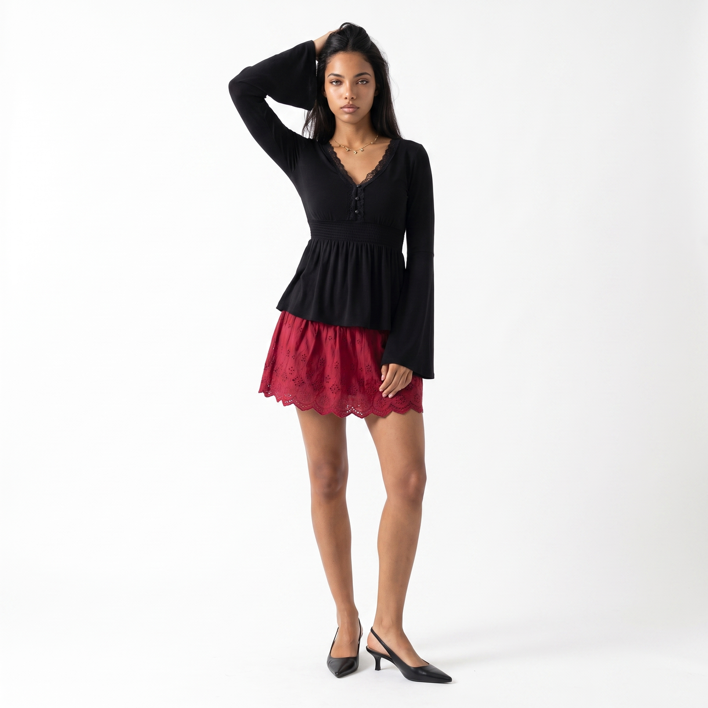 Sunoire z 3044 woman s black long sleeve top with lace neckline shirred waist and flared hem elegant 2025 new model front hero 01