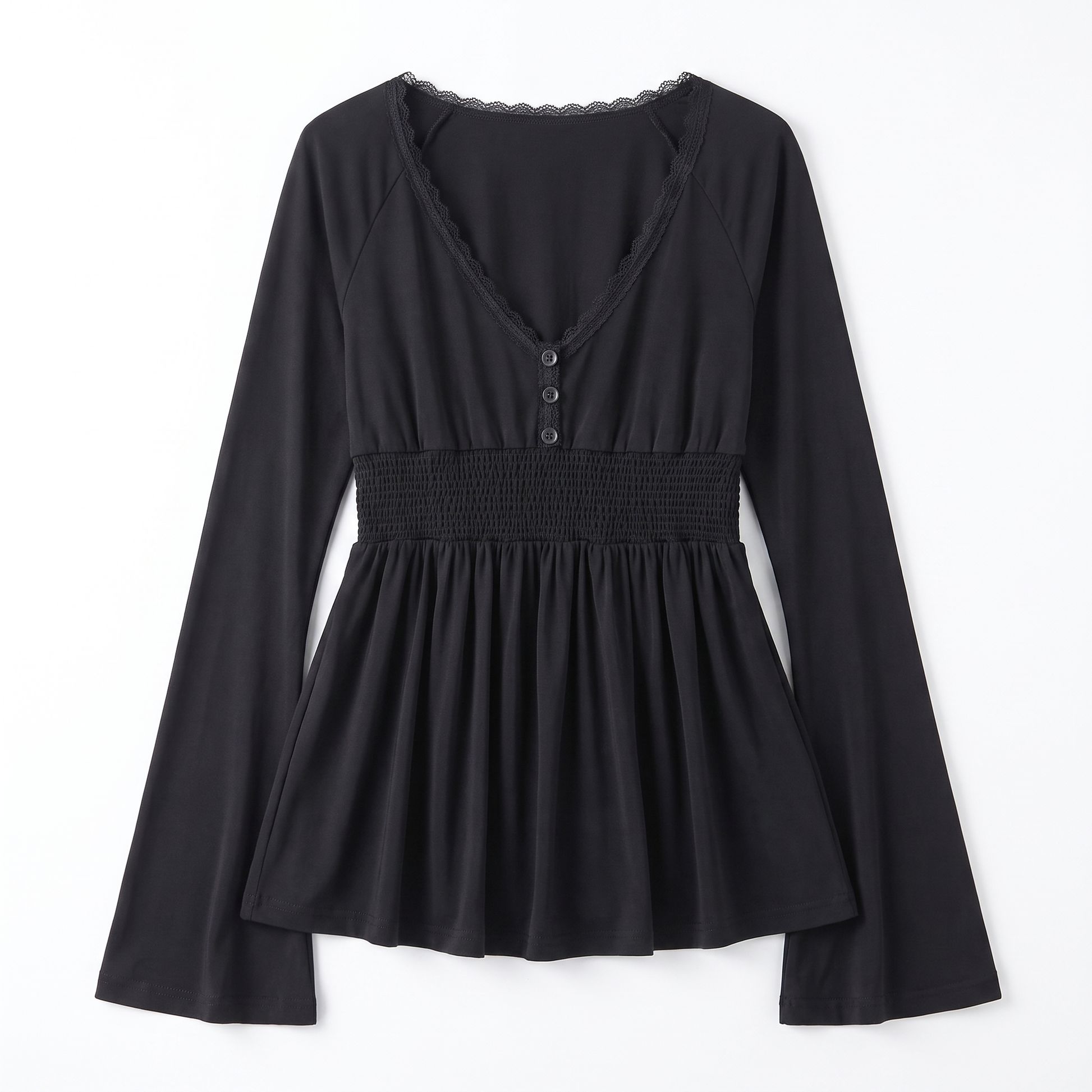 Sunoire z 3044 woman s black long sleeve top with lace neckline shirred waist and flared hem elegant 2025 new model garment flatlay 01