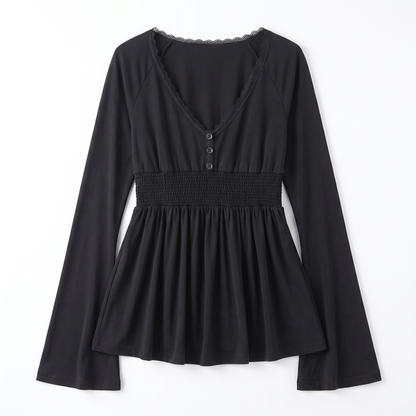 Sunoire z 3044 woman s black long sleeve top with lace neckline shirred waist and flared hem elegant 2025 new model garment flatlay 01