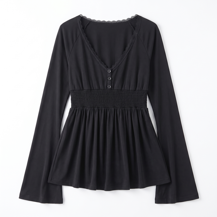 Sunoire z 3044 woman s black long sleeve top with lace neckline shirred waist and flared hem elegant 2025 new model garment flatlay 01