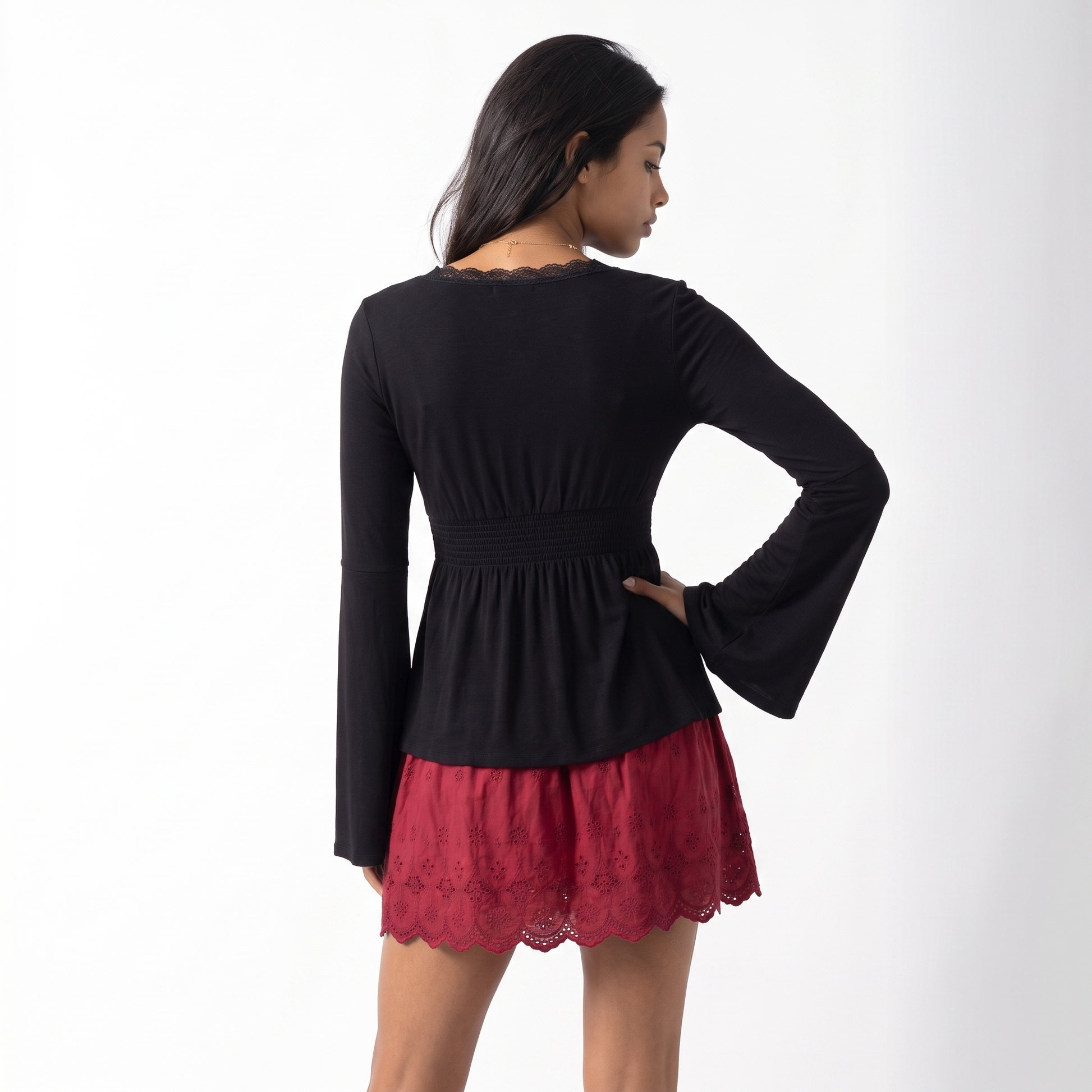 Sunoire z 3044 woman s black long sleeve top with lace neckline shirred waist and flared hem elegant 2025 new model top back crop 01