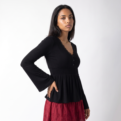 Sunoire z 3044 woman s black long sleeve top with lace neckline shirred waist and flared hem elegant 2025 new model top crop 3q 01