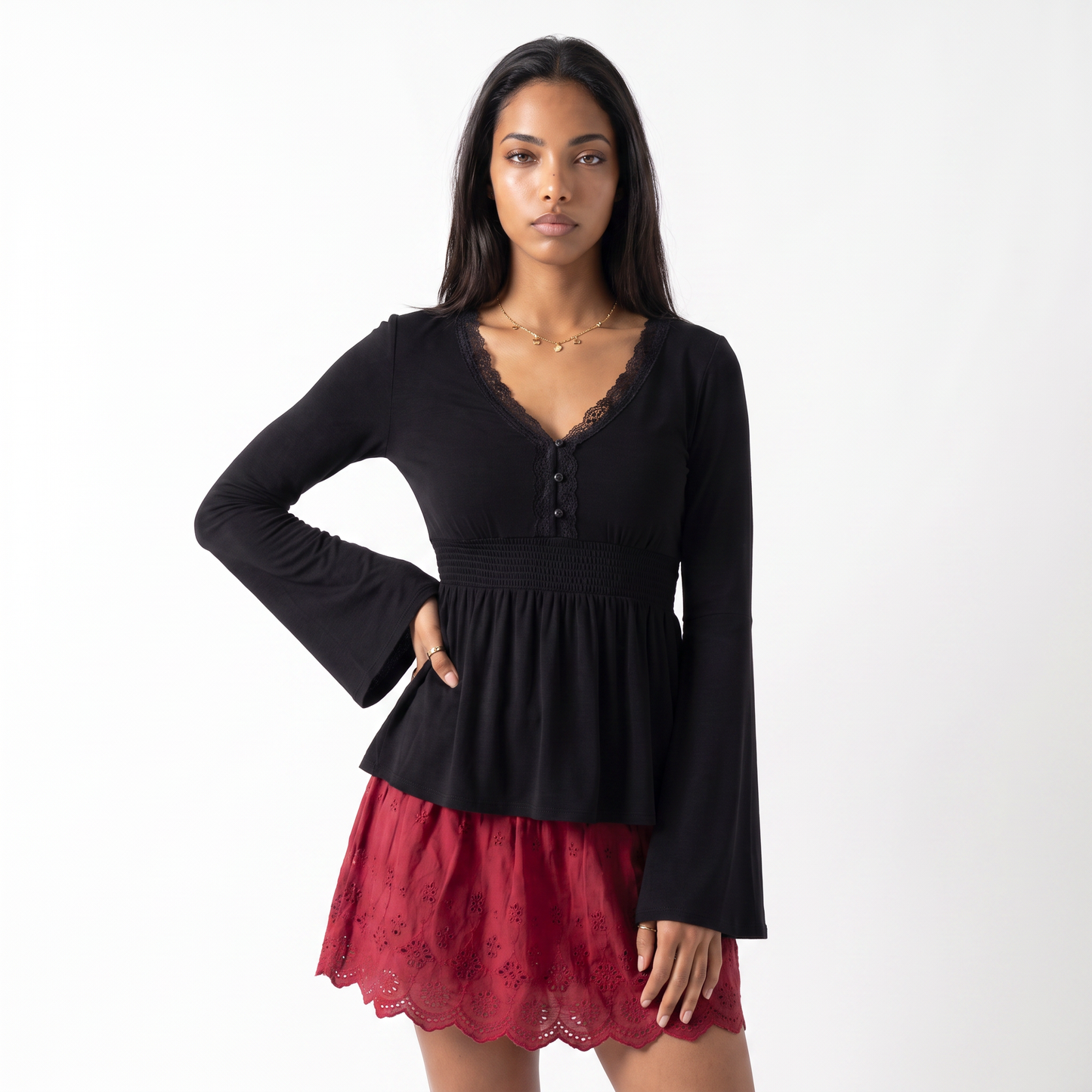 Sunoire z 3044 woman s black long sleeve top with lace neckline shirred waist and flared hem elegant 2025 new model top front crop 01