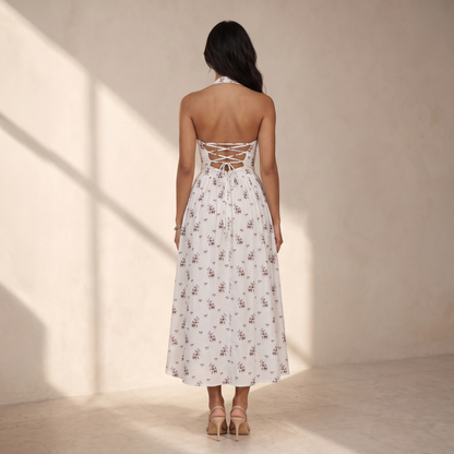 Sunoire zavethric halterneck lace up floral midi dress back view 01
