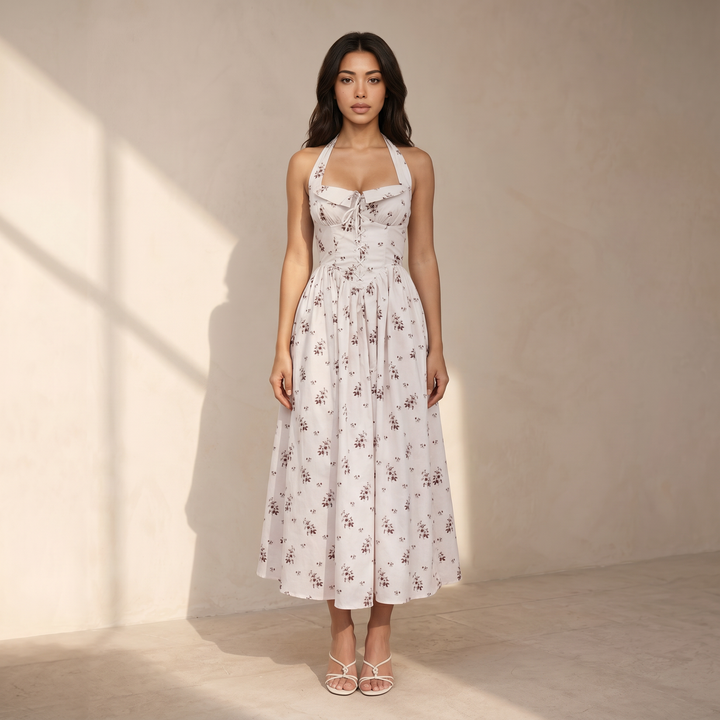 Zavethric Halterneck Lace Up Floral Midi Dress