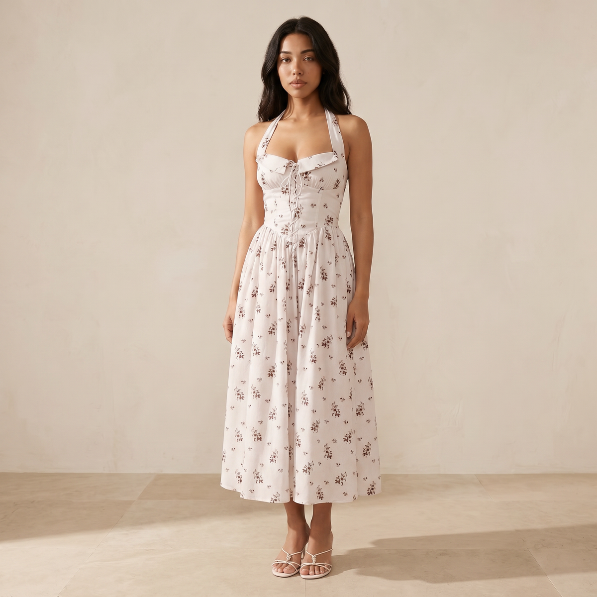 Sunoire zavethric halterneck lace up floral midi dress three quarter 01