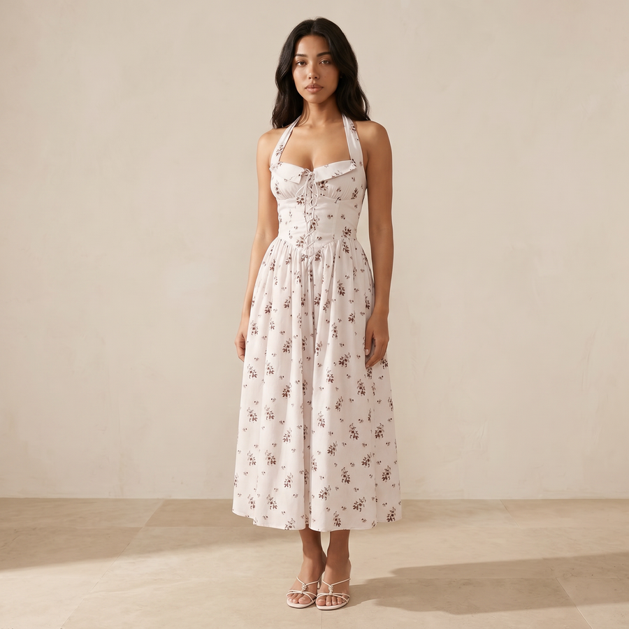 Sunoire zavethric halterneck lace up floral midi dress three quarter 01