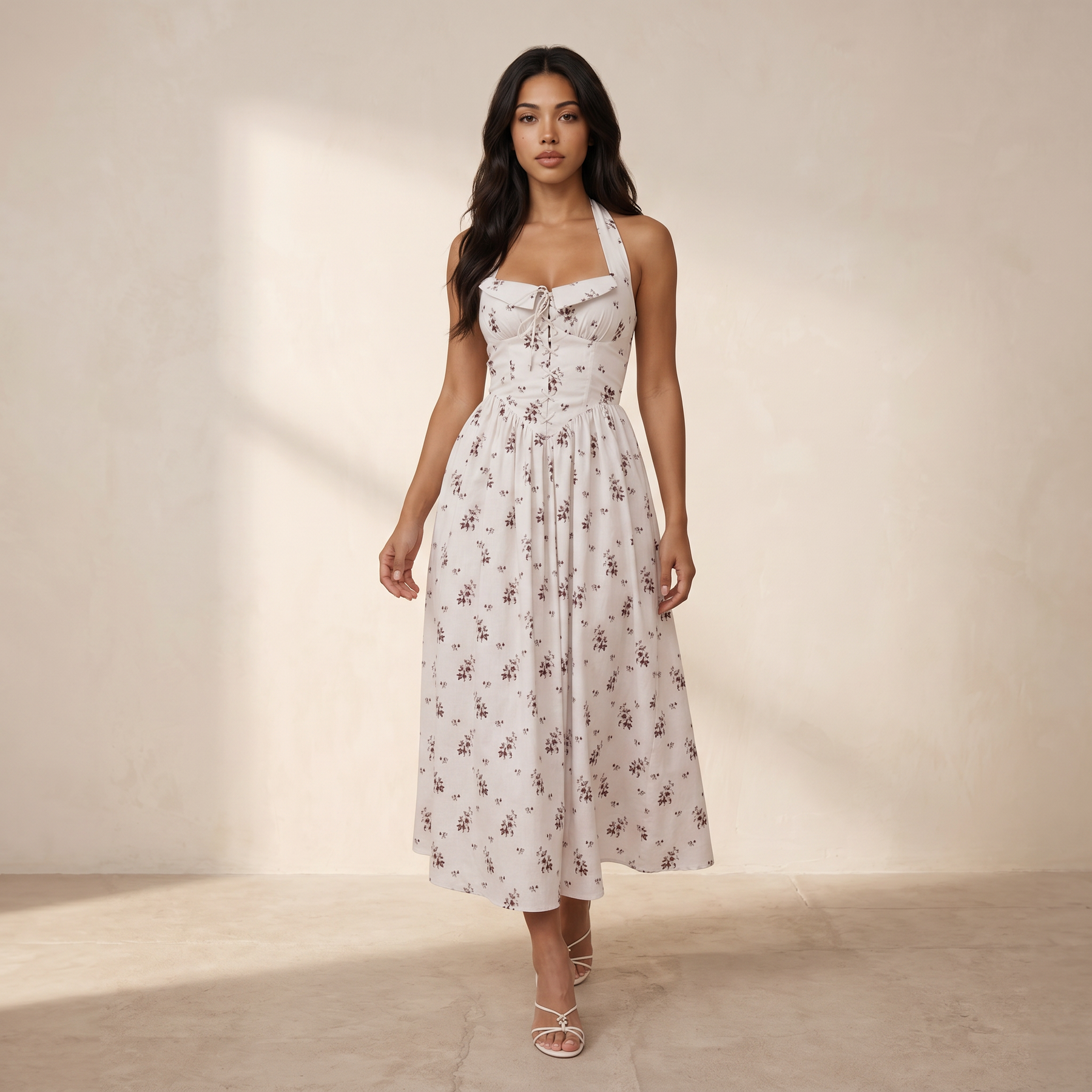 Sunoire zavethric halterneck lace up floral midi dress walking 01