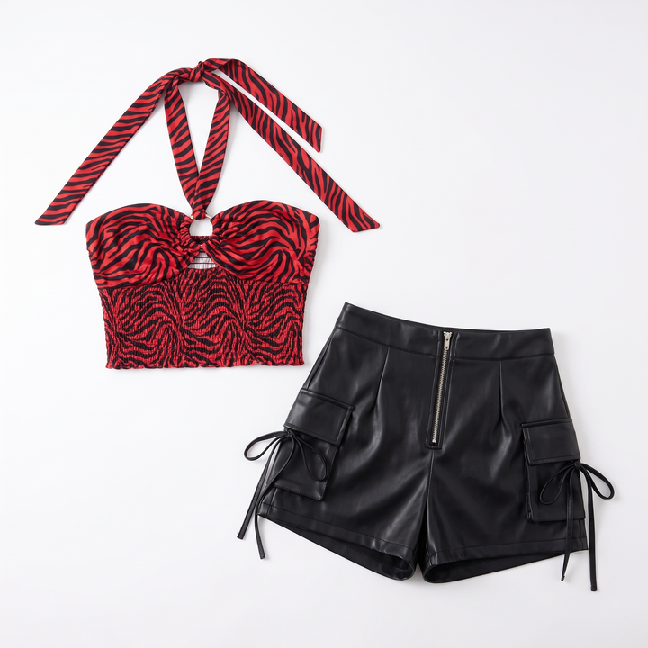 Sunoire zebra halter top and cargo shorts set garment flatlay 01