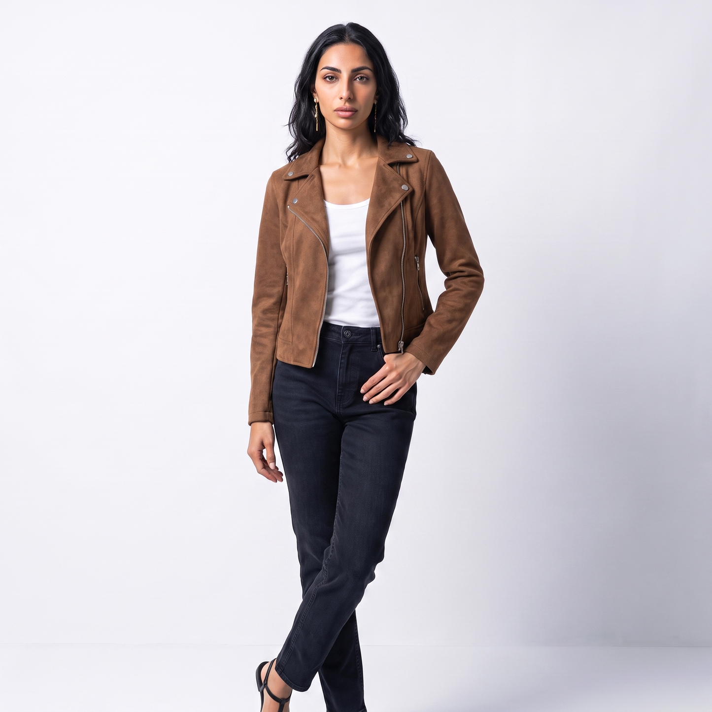 Sunoire zip up biker jacket colorway brown front crop 01