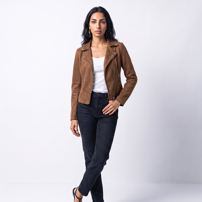 Sunoire zip up biker jacket colorway brown front crop 01