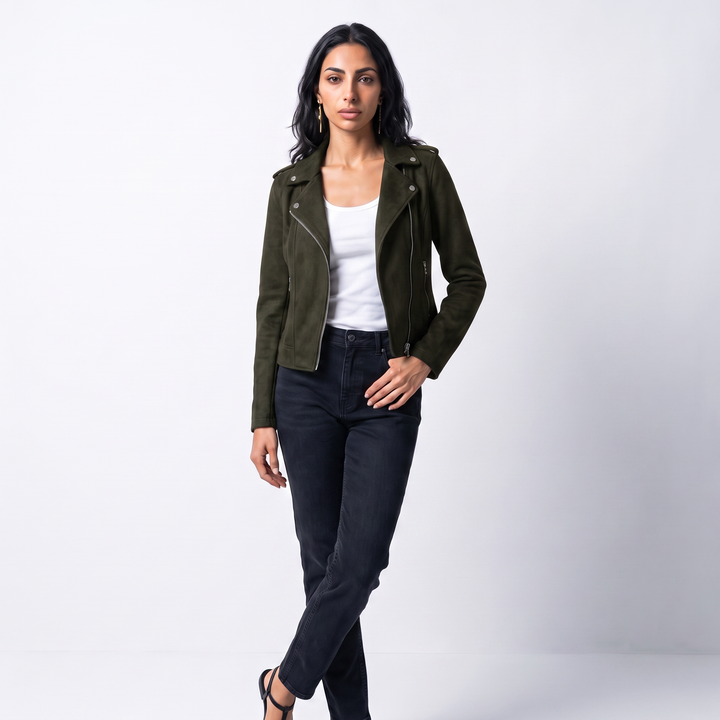 Sunoire zip up biker jacket colorway green front crop 01