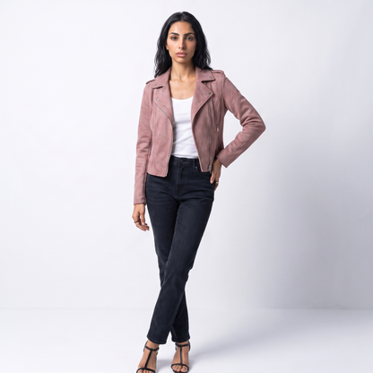 Sunoire zip up biker jacket colorway pink front crop 01
