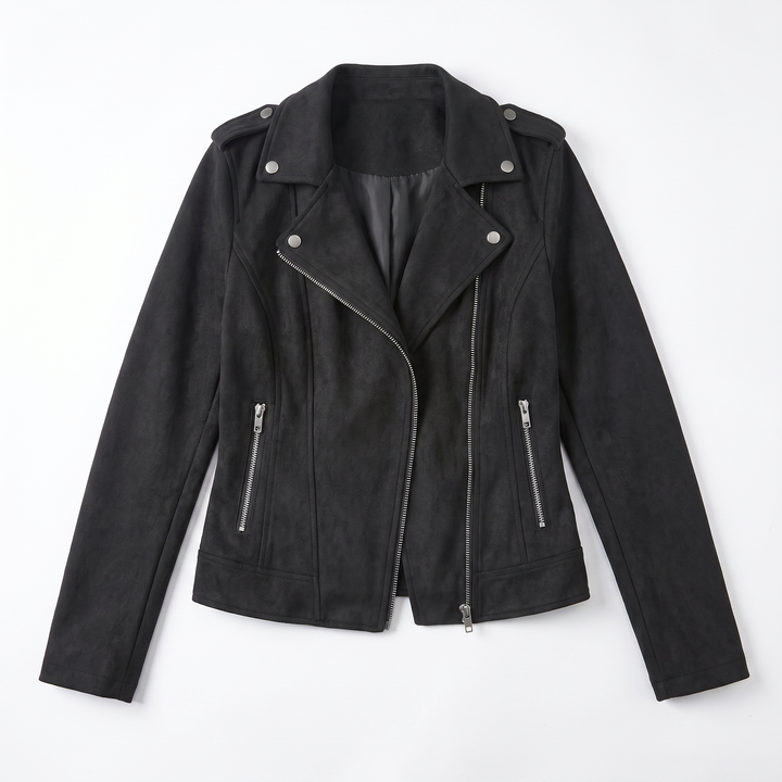 Sunoire zip up biker jacket garment flatlay 01